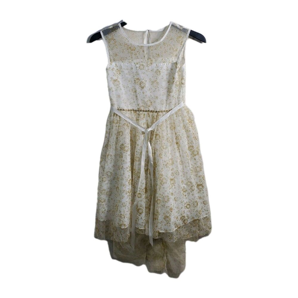 Rare Too Girls white and gold occasion dress. Embroidered. Floral. With belt.